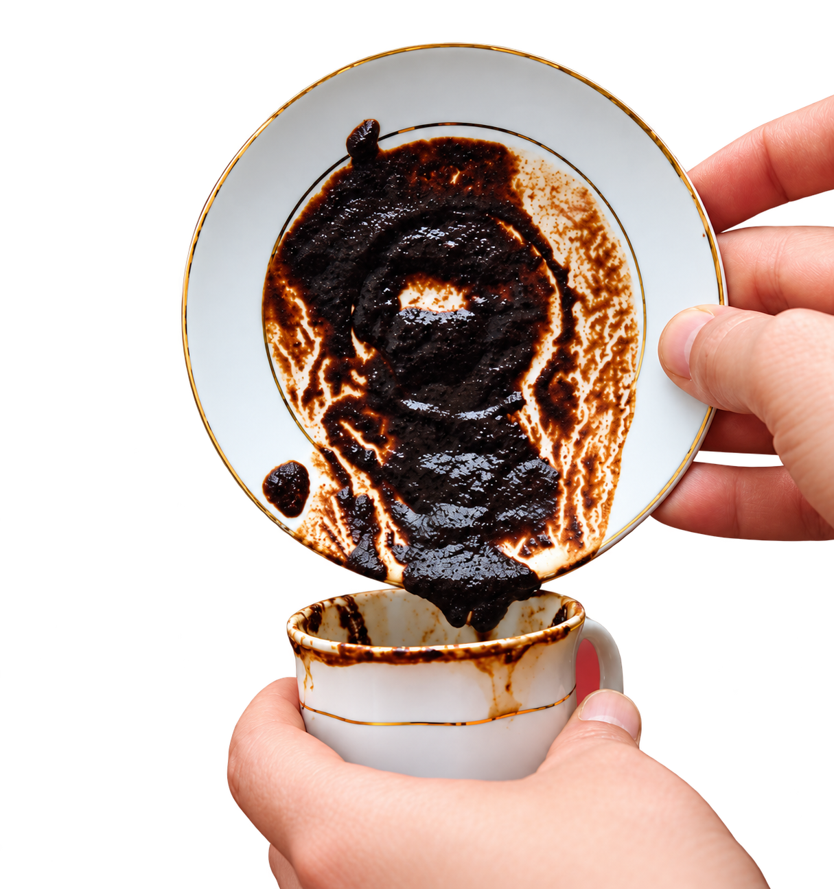 Hands holding an upturned Turkish coffee saucer above a cup with natural coffee grounds
