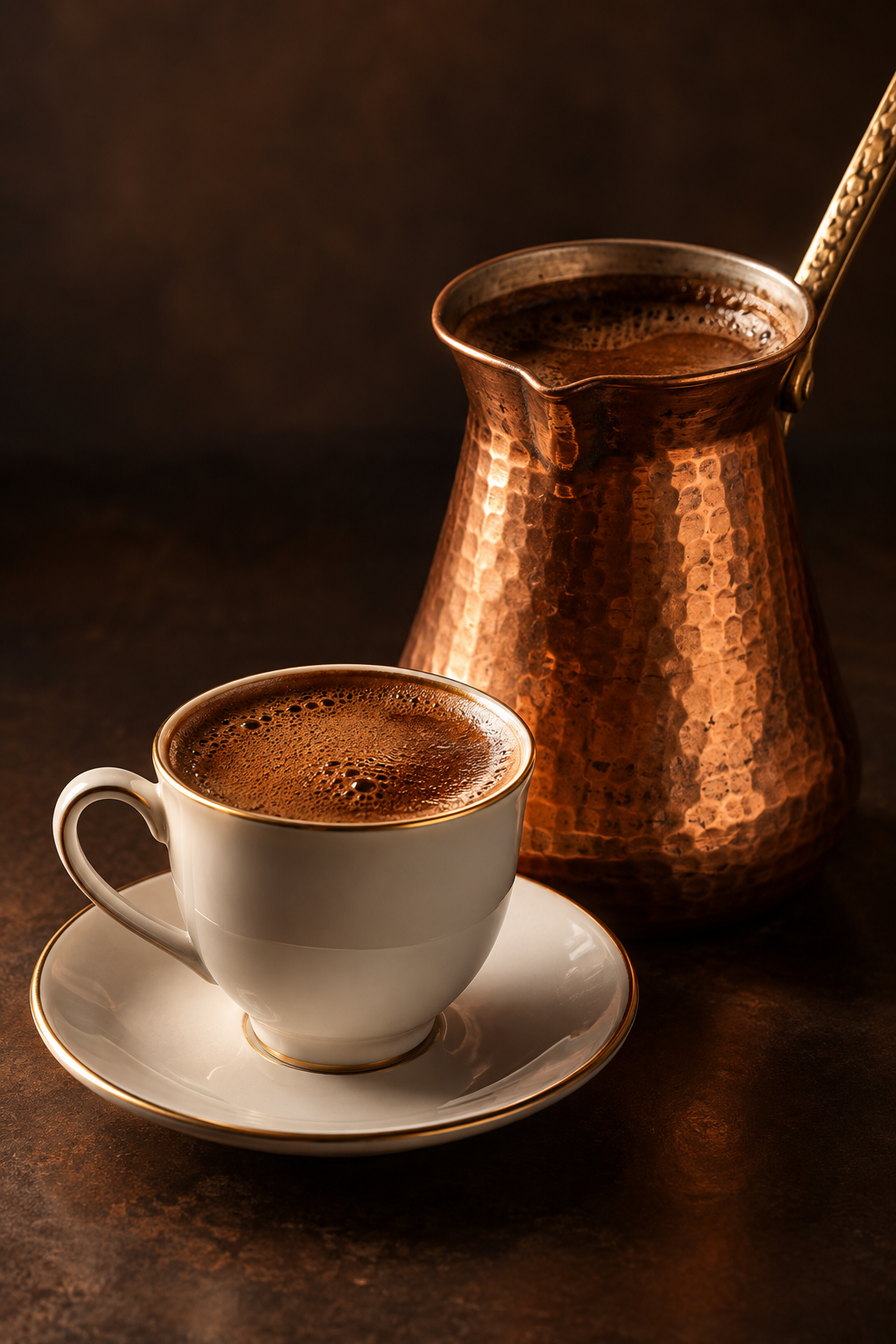 Copper cezve and freshly brewed Turkish coffee